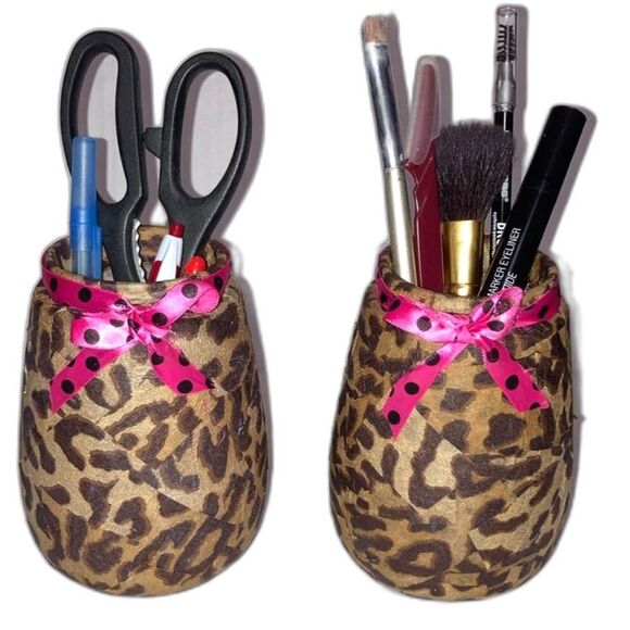 Makeup Brush Hair Brush Pen Pencil Display Cheetah Leopard Storage Jars Set of 2 - Picture 1 of 11